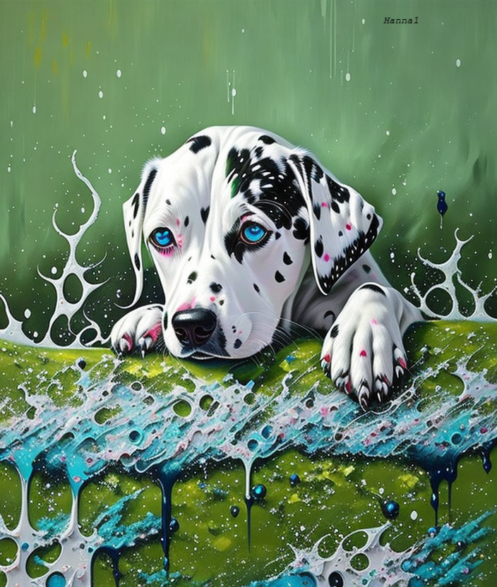 Blue-eyed Dalmatian puppy resting on wet surface with water splashes.