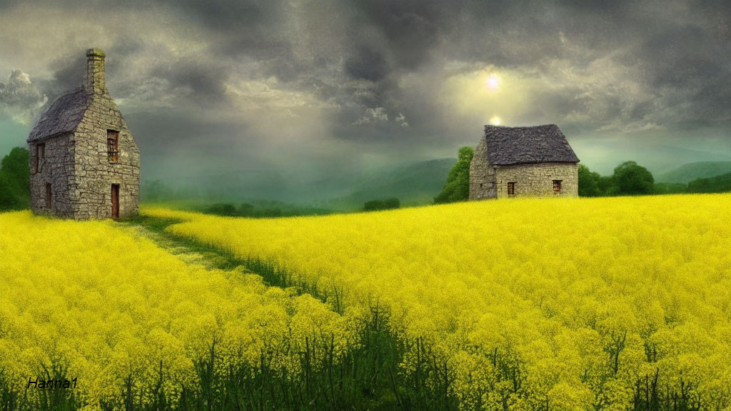 Tranquil landscape: stone cottages in yellow field under stormy sky