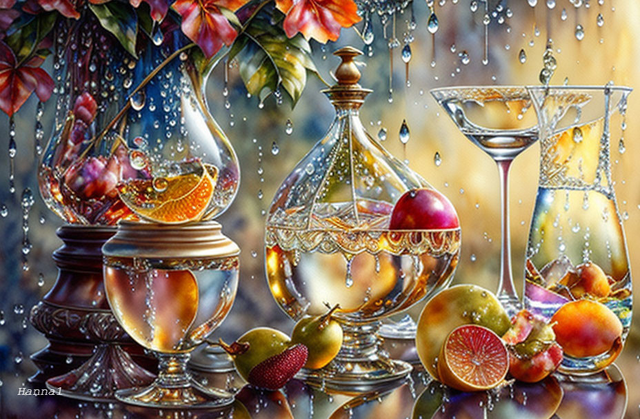 Colorful still life painting with glassware, citrus fruits, raindrops, and greenery