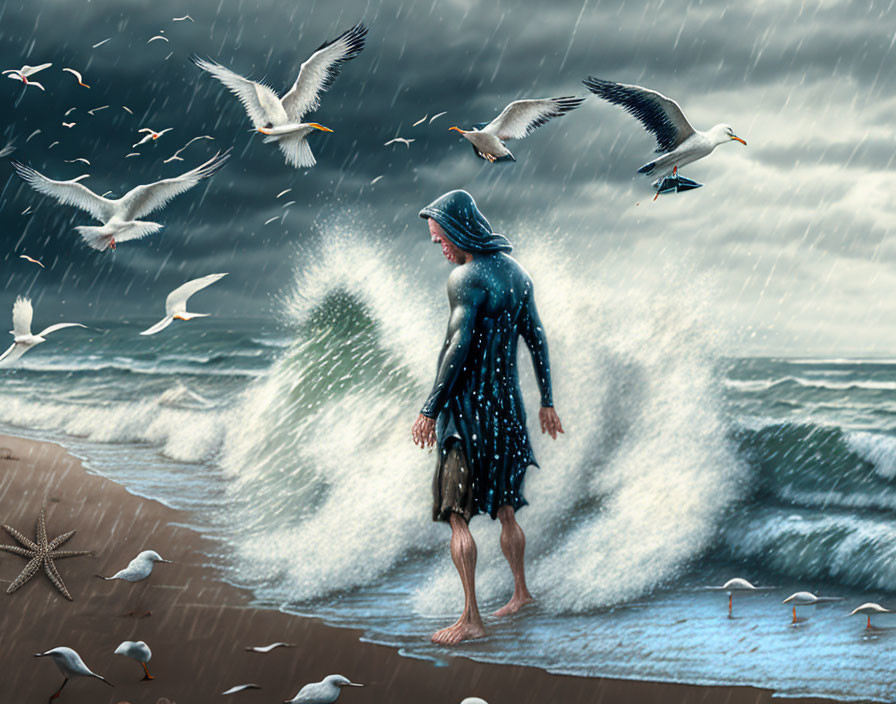 Person merges with starry universe on beach with seagulls in stormy backdrop