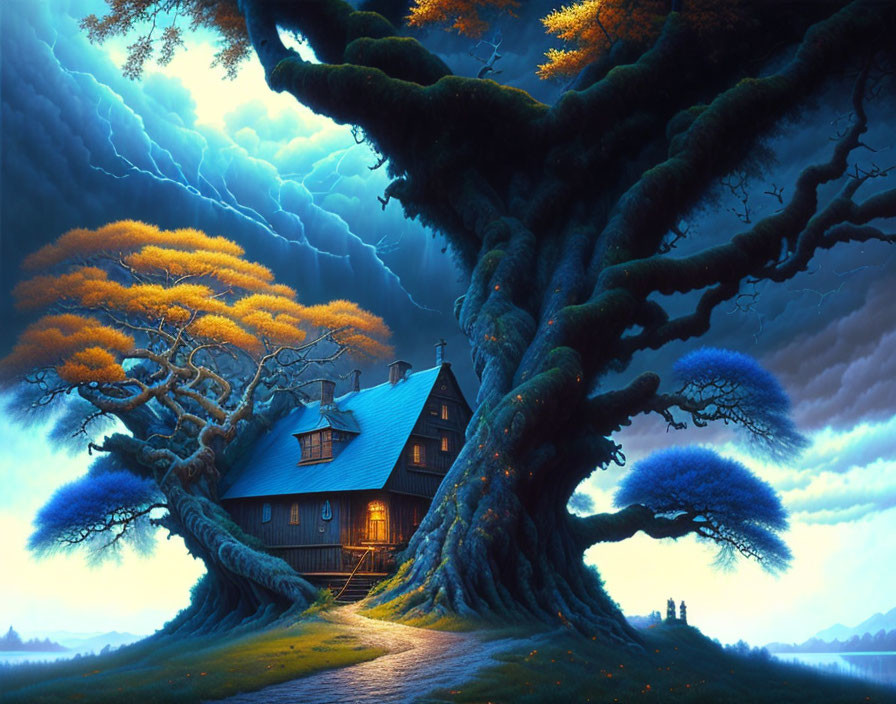 Enchanted house within ancient tree roots at twilight