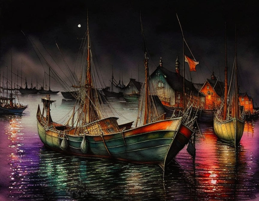 Tranquil Nighttime Harbor with Wooden Ships and Moonlight