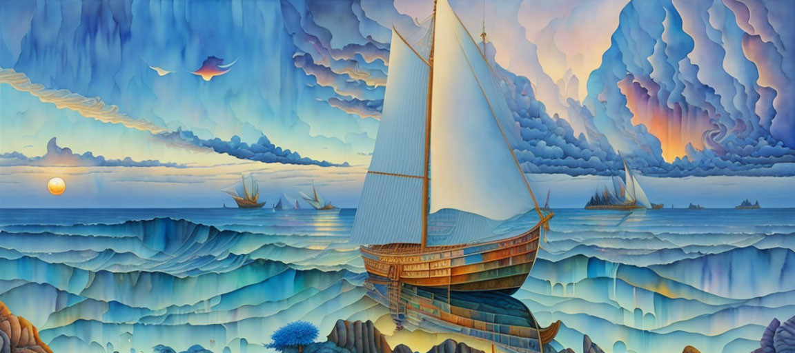 Surreal maritime landscape with sailing ship on blue waves and setting sun