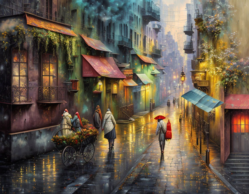 Rainy day scene: people on street, colorful shops, ambient lighting on wet cobblestones