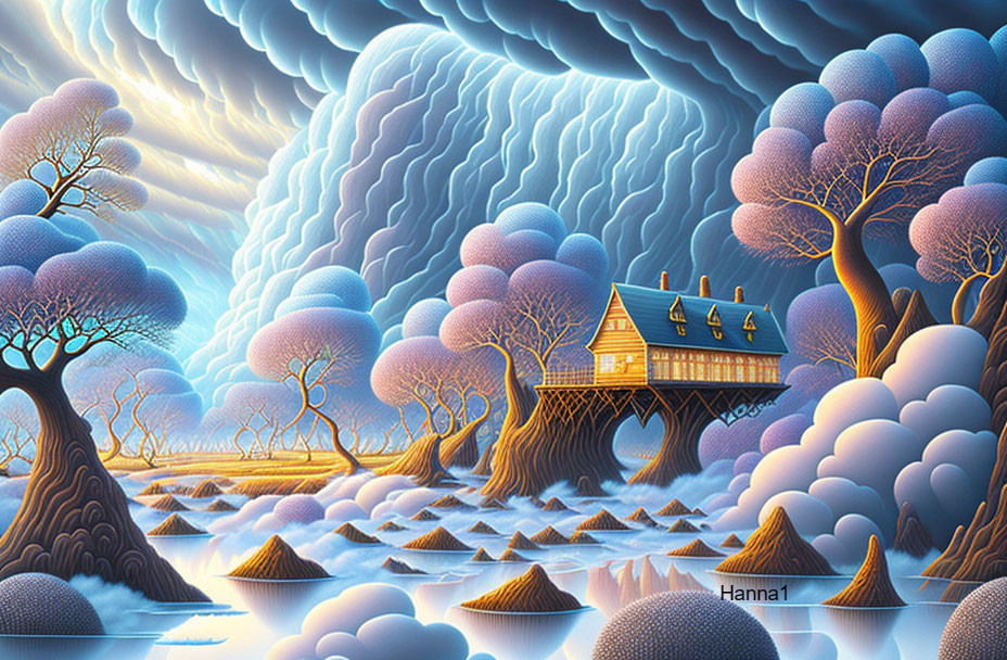 Vibrant surreal landscape with stylized house on stilts