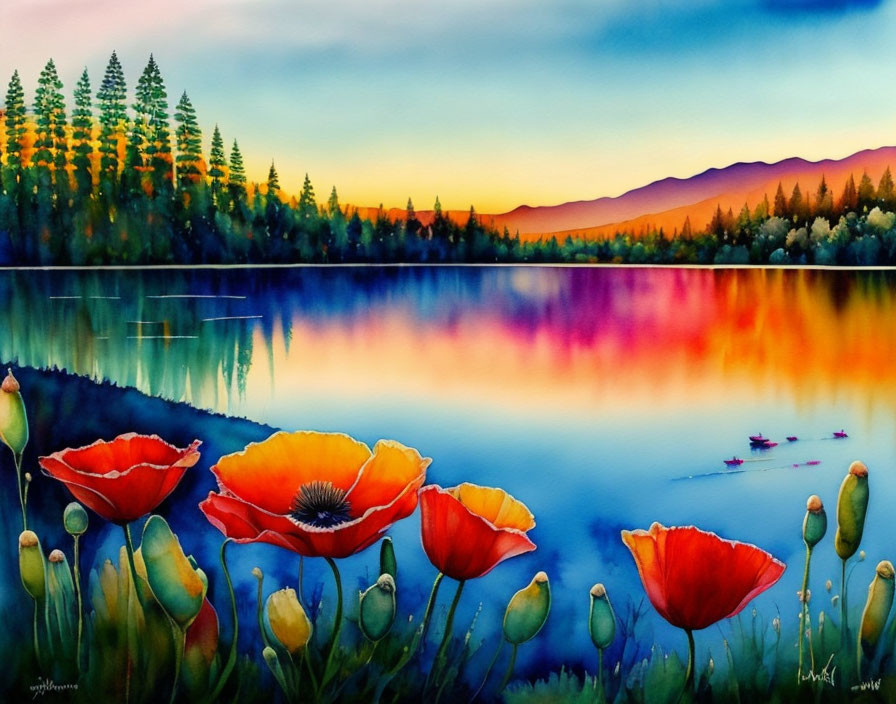 Tranquil lake sunset with red poppies and silhouetted trees