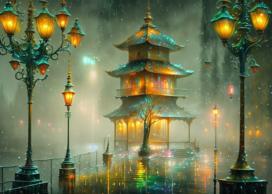 Traditional pagoda and street lamps in rain-soaked night scene