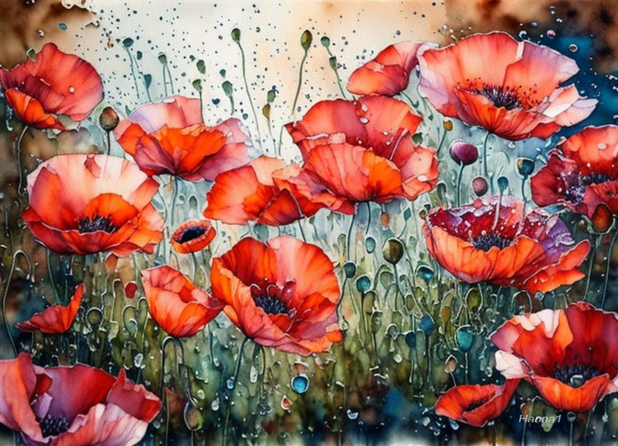 Detailed Watercolor Painting of Red Poppies with Raindrop Backdrop