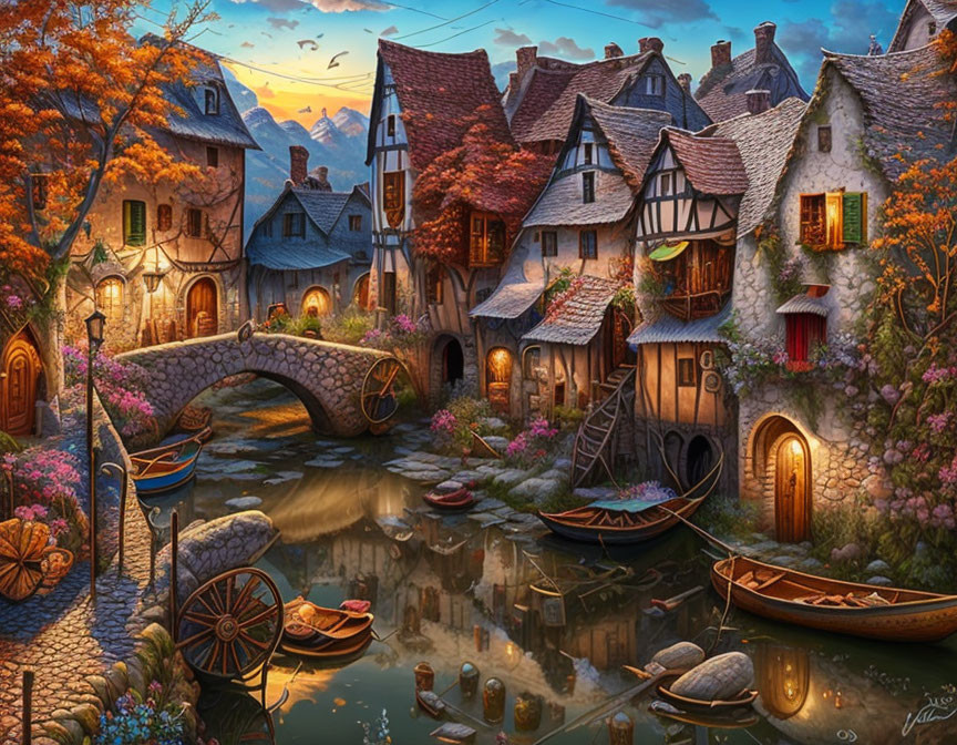 Enchanting twilight scene of a fairy-tale village with cobblestone paths, cottages,