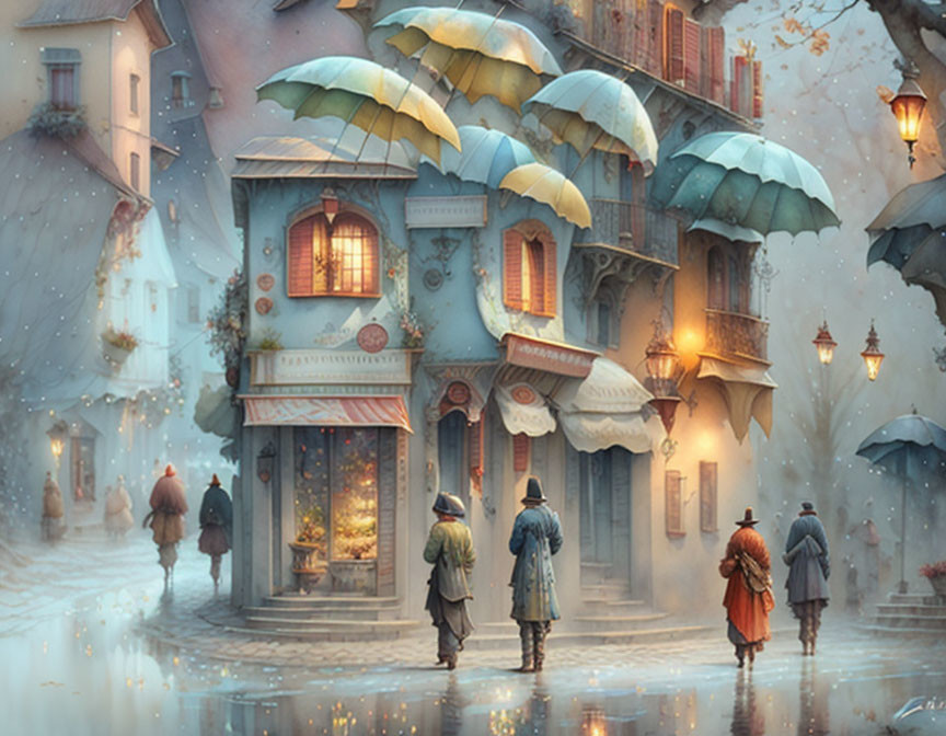 Snowy Street Scene with People, Shop Fronts, and Oversized Umbrellas