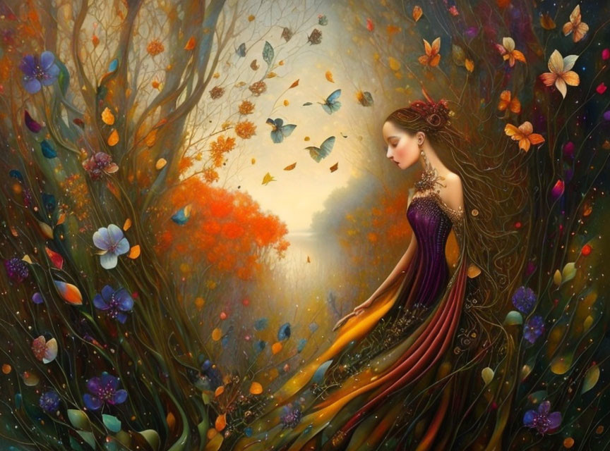 Illustration of woman with flowing hair, dress, butterflies, foliage & soft light