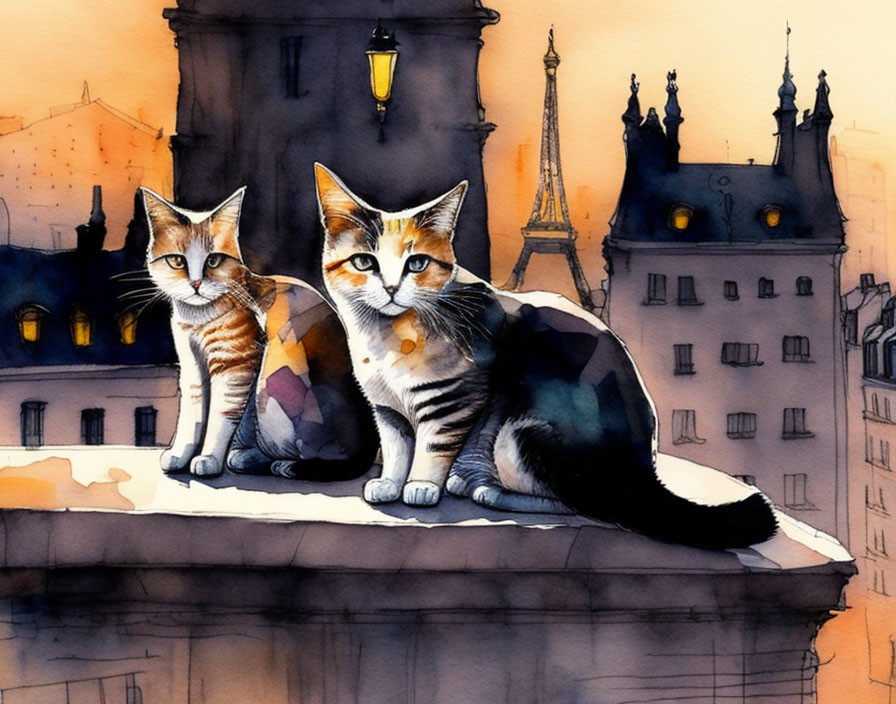 Illustrated cats on rooftop at dusk with Eiffel Tower in warm cityscape