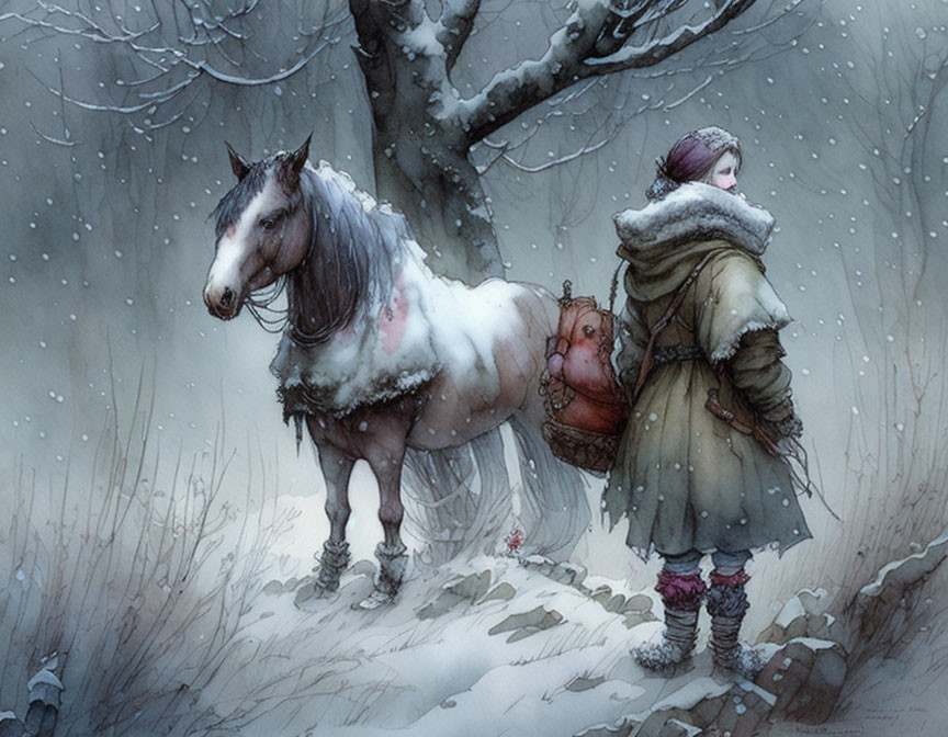 Person in winter clothing with horse in falling snow scenery