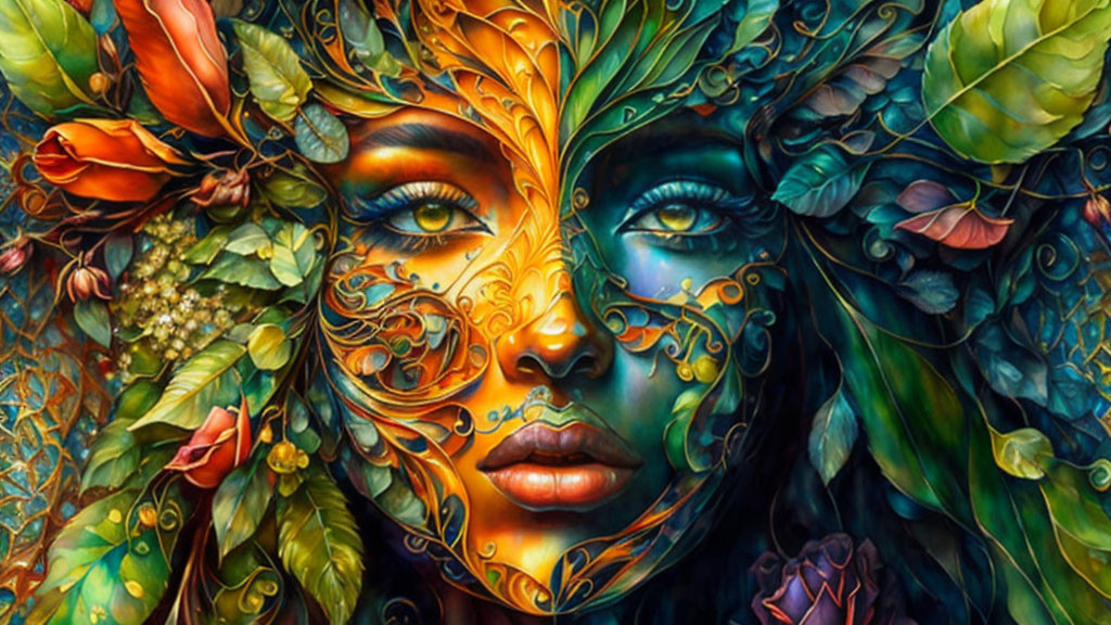 Colorful floral and leaf patterns merge with a woman's face in vibrant artistic rendering