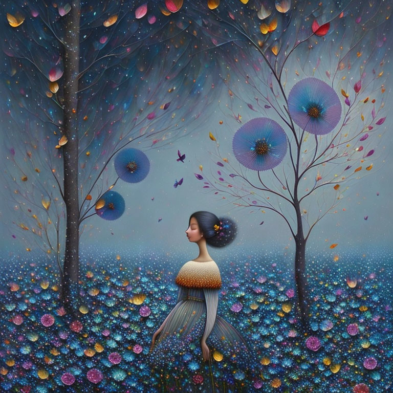 Surreal painting of woman blending into starry field with trees and butterflies