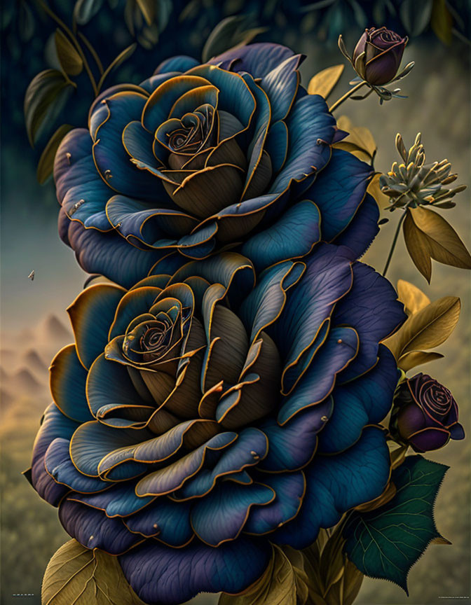 Blue and Gold Roses on Moody Sky and Green Foliage