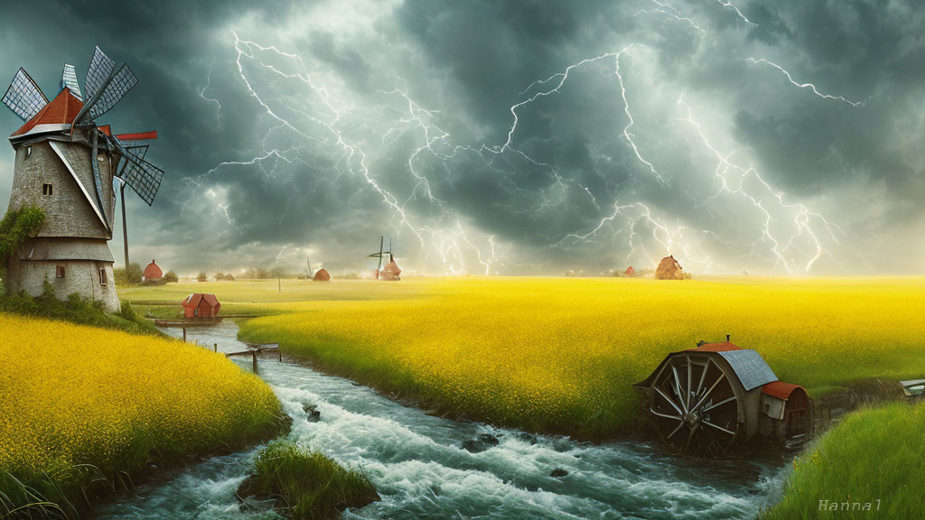 Stormy Sky with Windmills, Waterwheel, and Lightning Strikes