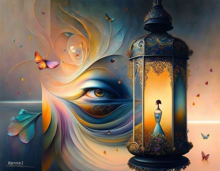 Surreal art: Veiled woman's eye merges with lantern and butterflies