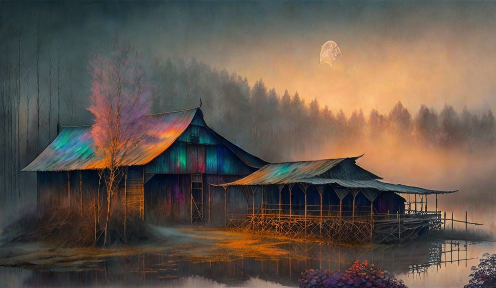 Riverside scene at dusk with rustic huts, reflective water, colorful foliage, mist, cres