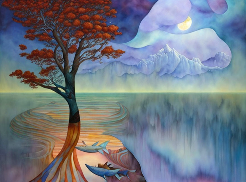 Colorful painting: tree with orange foliage, water reflecting mountains, two moons in the sky, underwater