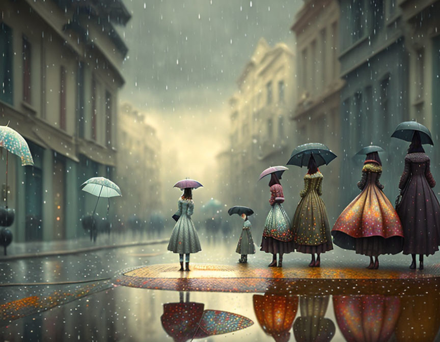 Elegant Figures in Vintage Attire on Rainy Street