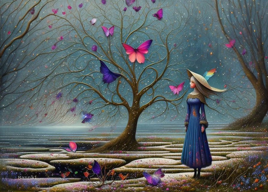 Woman in Blue Dress Surrounded by Butterflies in Twilight Scene