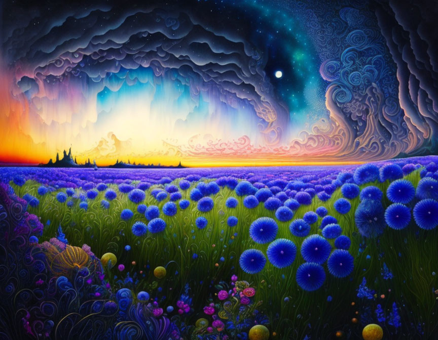 Vibrant painting of twilight sky over blue and pink flower field