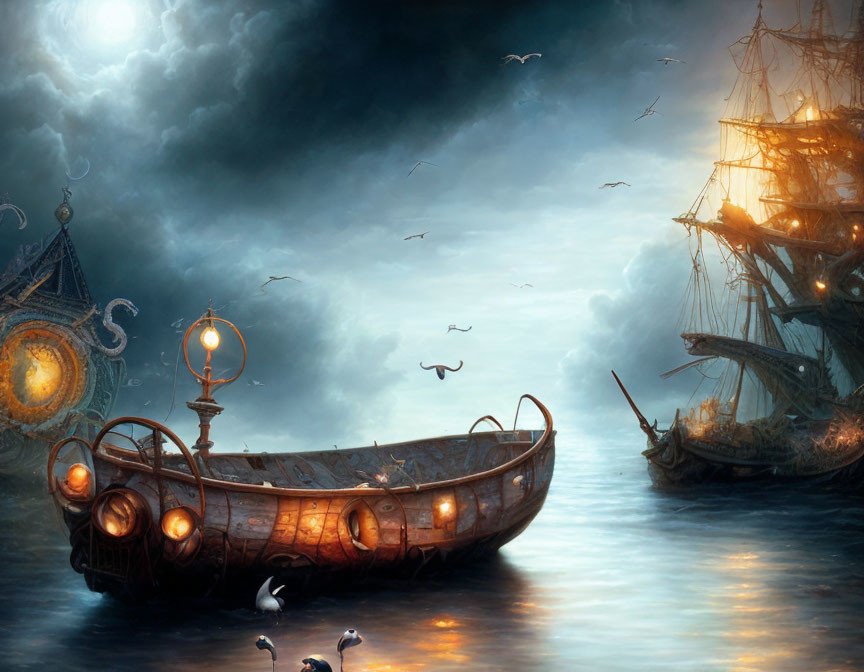 Mystical seascape with glowing boat and galleon ships under stormy sky