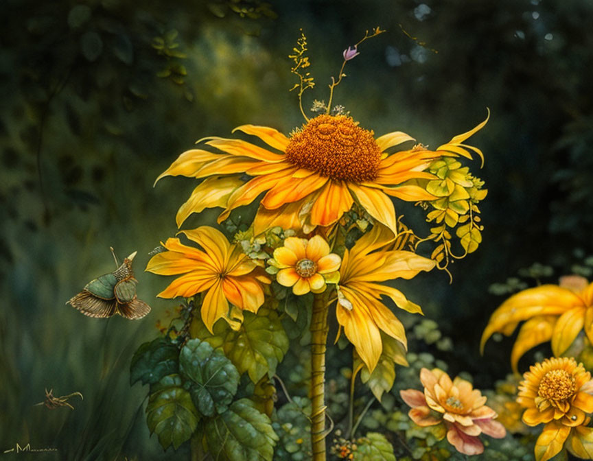 Vibrant sunflower with yellow petals and brown center in forest setting