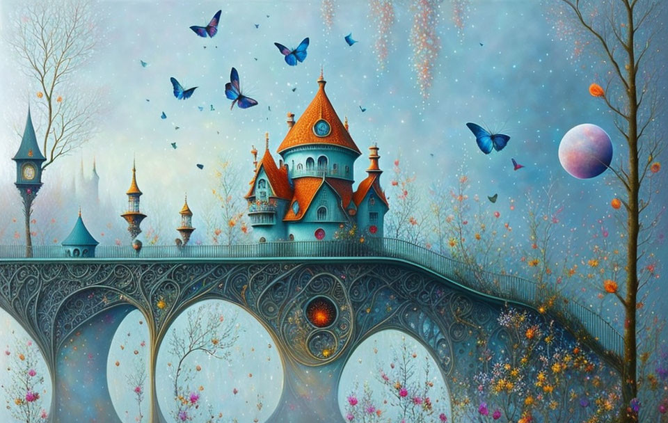 Detailed fantasy landscape with bridge, castle, butterflies, flowers, celestial bodies