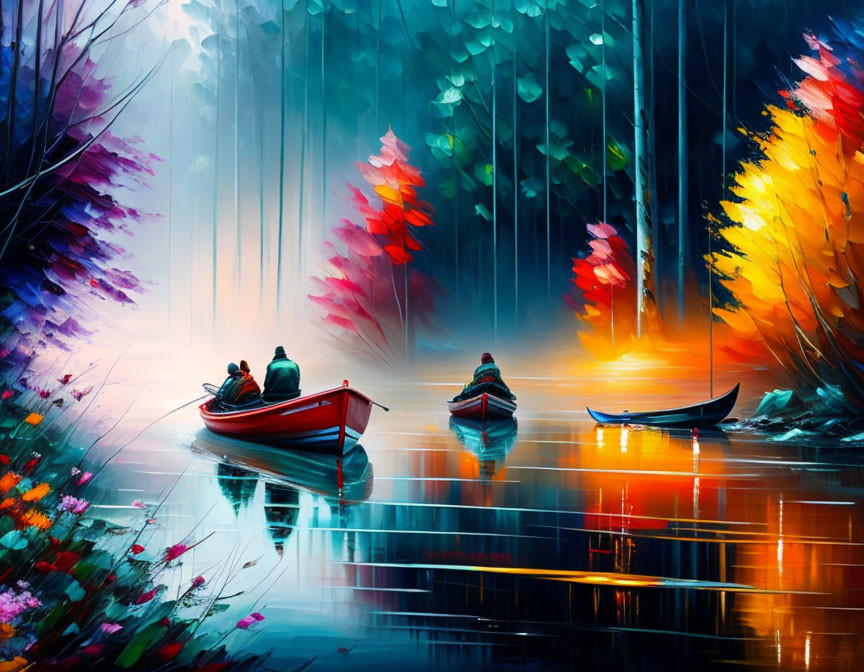 Vibrant surreal art: people in boats on reflective water in forest setting