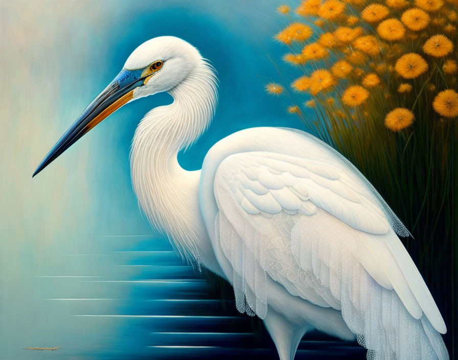 Detailed White Heron Painting with Sharp Beak and Yellow Eyes