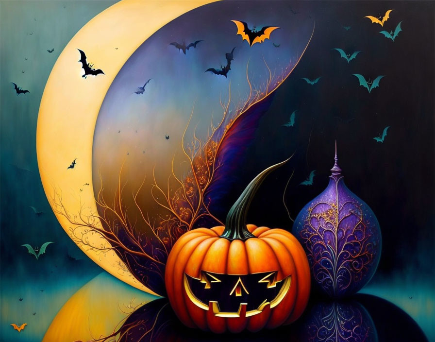 Whimsical Halloween scene with pumpkin, moon, bats & purple bottle