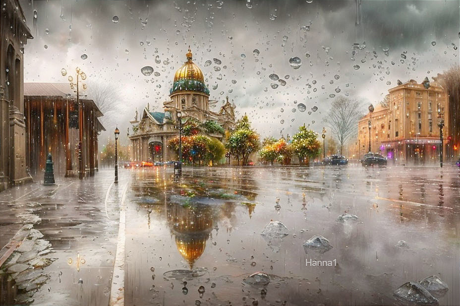 Rainy city street with reflections, colorful trees, and domed building through water droplets.