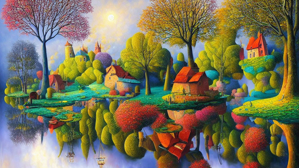 Colorful landscape painting with whimsical trees, reflective water, quaint houses