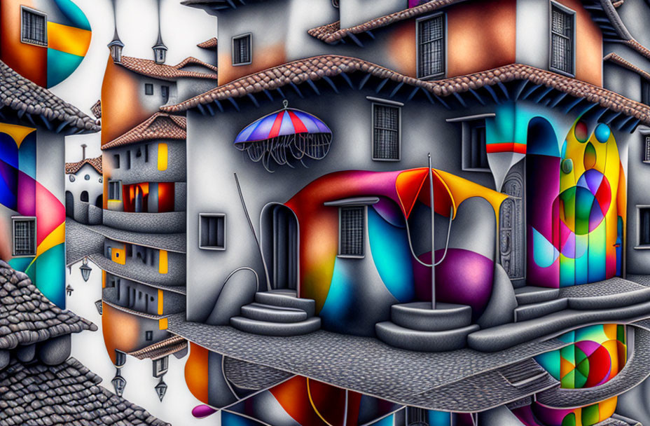 Vibrant surreal village scene with distorted perspectives