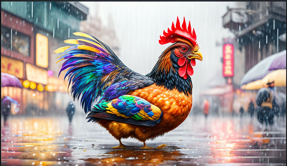 Colorful Rooster in Snowy Urban Scene with Signs and People