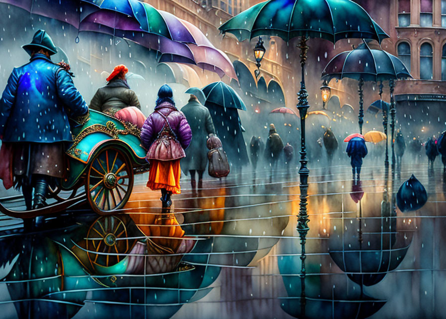 Rainy street scene with umbrellas and horse-drawn carriage