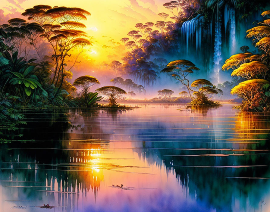 Lush Jungle Scene with Waterfall and Sunset