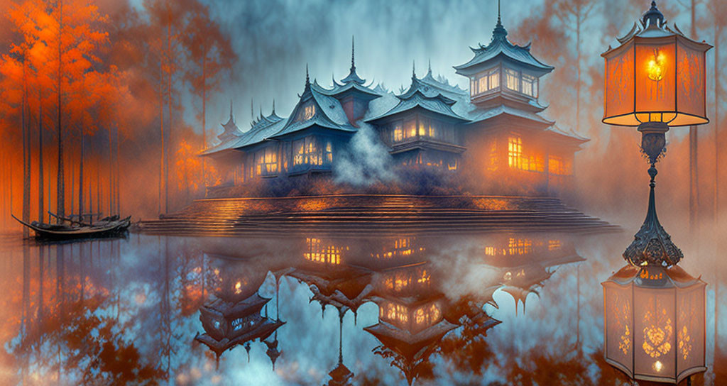 Traditional temple surrounded by mist and orange trees