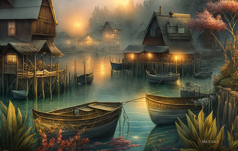 Rustic lakeside village at night with illuminated houses and moored boats