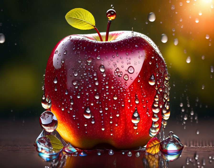 Bright red apple with water droplets in warm backlight, surrounded by bubbles.