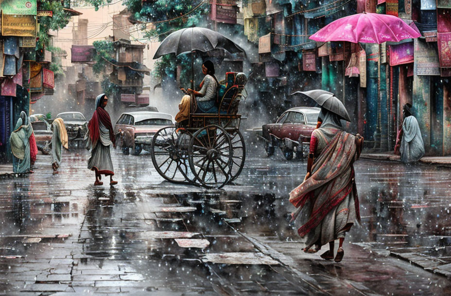 Busy street scene with people, rickshaw, and umbrellas in rainstorm