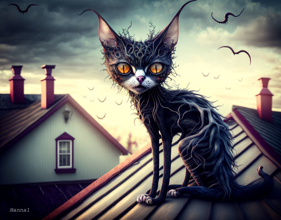 Stylized cat with orange eyes on rooftop at dusk