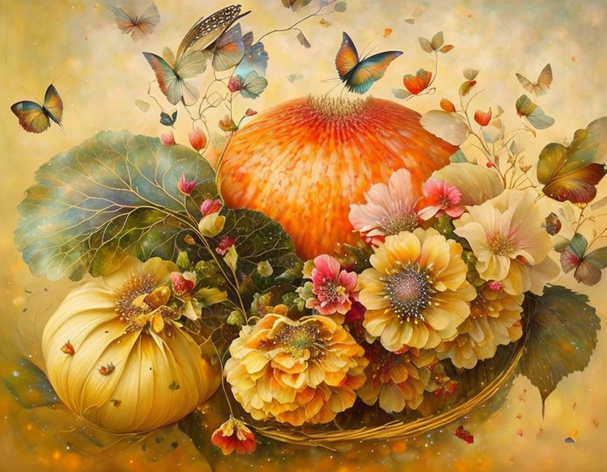 Colorful Still-Life Painting with Pumpkin, Flowers, and Butterflies