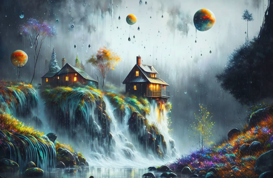 Fantasy landscape: illuminated houses, vibrant waterfalls, floating islands