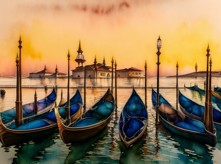 Gondolas on calm water at sunset with distant building and street lamps.