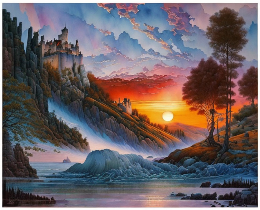 Colorful sunset painting with castle, silhouetted figures, trees, rocks, and water.