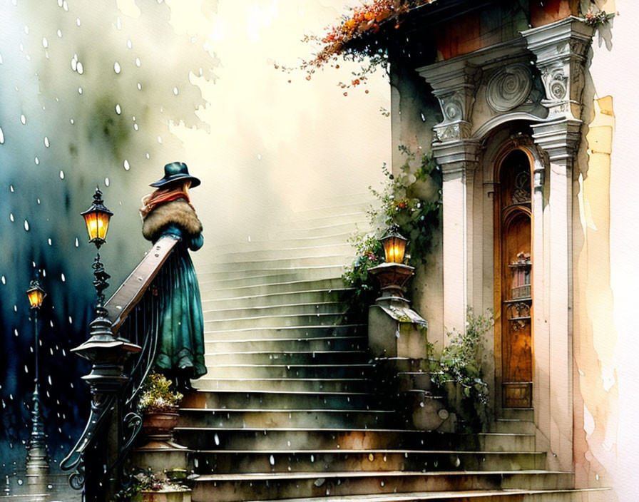 Person in hat and coat climbing rain-soaked steps beside a lit lamp post in soft watercolor setting