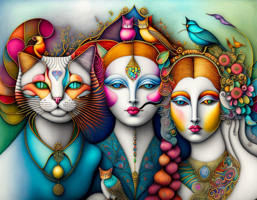 Colorful painting: Two faces with feline features, surrounded by nature and animals.